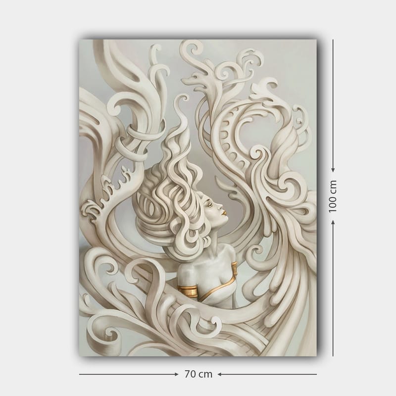 Lerretsbilde 70x100 cm - Stilisert kvinne med flagrende hår omgitt av dekorative kurver og former - Lys grå / Beige / Hvit - Innredning - Bilder & kunst - Lerretsbilder