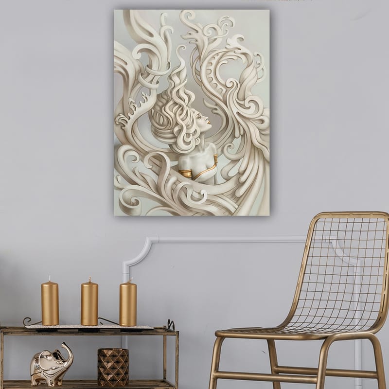 Lerretsbilde 70x100 cm - Stilisert kvinne med flagrende hår omgitt av dekorative kurver og former - Lys grå / Beige / Hvit - Innredning - Bilder & kunst - Lerretsbilder