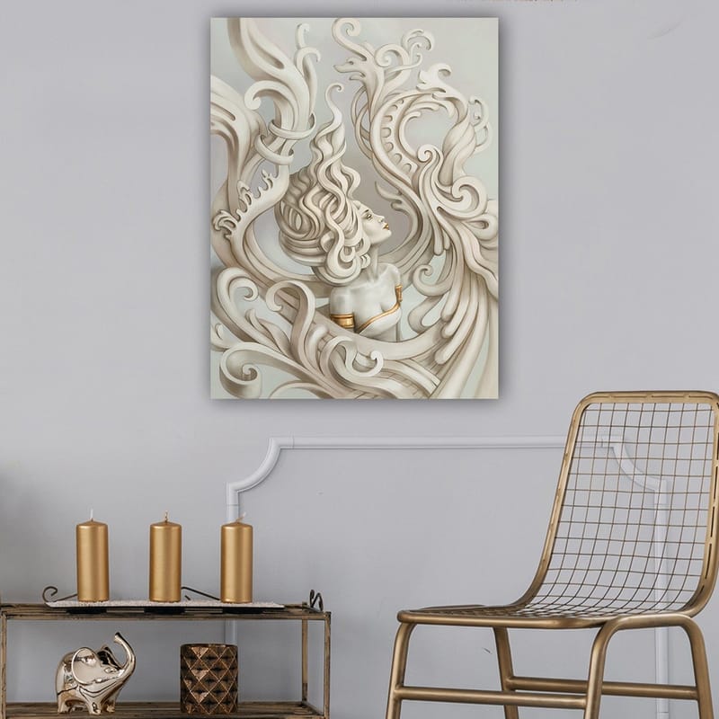 Lerretsbilde 70x100 cm - Stilisert kvinne med flagrende hår omgitt av dekorative kurver og former - Lys grå / Beige / Hvit - Innredning - Bilder & kunst - Lerretsbilder