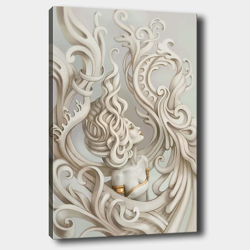 Lerretsbilde 70x100 cm - Stilisert kvinne med flagrende hår omgitt av dekorative kurver og former, Lys grå / Beige / Hvit