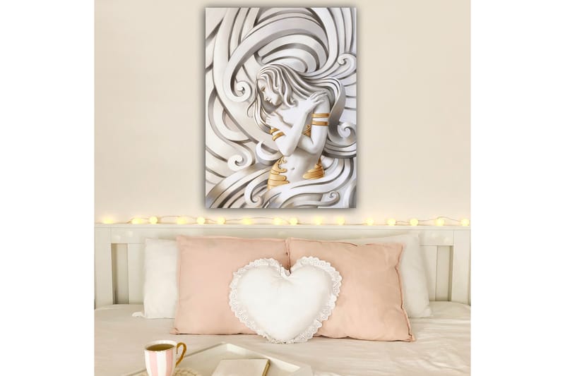 Lerretsbilde 70x100 cm - Stilisert kvinne med flagrende hår som omfavner seg selv i en abstrakt komposisjon - Hvit / Gull / Grå - Innredning - Bilder & kunst - Lerretsbilder