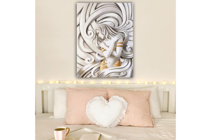 Lerretsbilde 70x100 cm - Stilisert kvinne med flagrende hår som omfavner seg selv i en abstrakt komposisjon - Hvit / Gull / Grå - Innredning - Bilder & kunst - Lerretsbilder