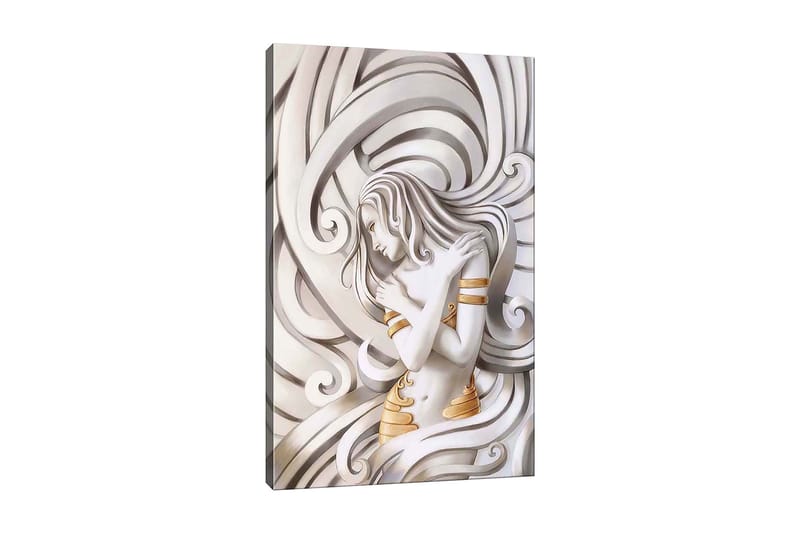 Lerretsbilde 70x100 cm - Stilisert kvinne med flagrende hår som omfavner seg selv i en abstrakt komposisjon, Hvit / Gull / Grå