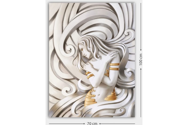 Lerretsbilde 70x100 cm - Stilisert kvinne med flagrende hår som omfavner seg selv i en abstrakt komposisjon - Hvit / Gull / Grå - Innredning - Bilder & kunst - Lerretsbilder