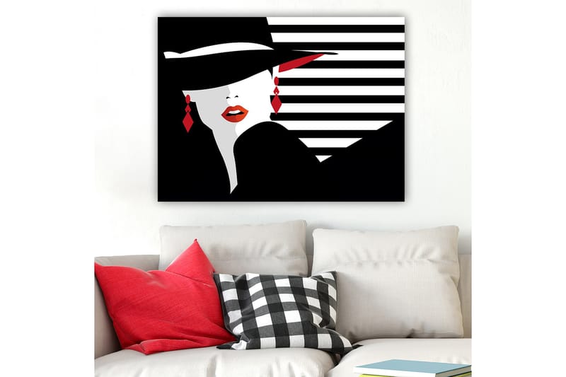 Lerretsbilde 70x100 cm - Stilisert kvinne med hatt og røde detaljer som fremhever ansiktet og smykkene hennes - Svart / Hvit / Rød - Innredning - Bilder & kunst - Lerretsbilder