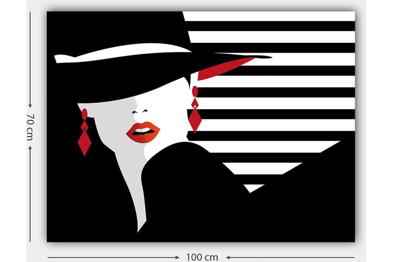 Lerretsbilde 70x100 cm - Stilisert kvinne med hatt og røde detaljer som fremhever ansiktet og smykkene hennes - Svart / Hvit / Rød - Innredning - Bilder & kunst - Lerretsbilder