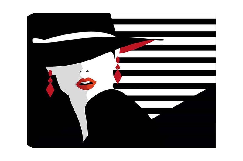 Lerretsbilde 70x100 cm - Stilisert kvinne med hatt og røde detaljer som fremhever ansiktet og smykkene hennes, Svart / Hvit / Rød