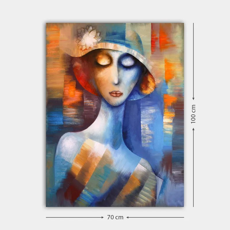 Lerretsbilde 70x100 cm - Stilisert kvinne med hatt som utstråler en drømmende og emosjonell atmosfære - Blå / Oransje / Hvit - Innredning - Bilder & kunst - Lerretsbilder