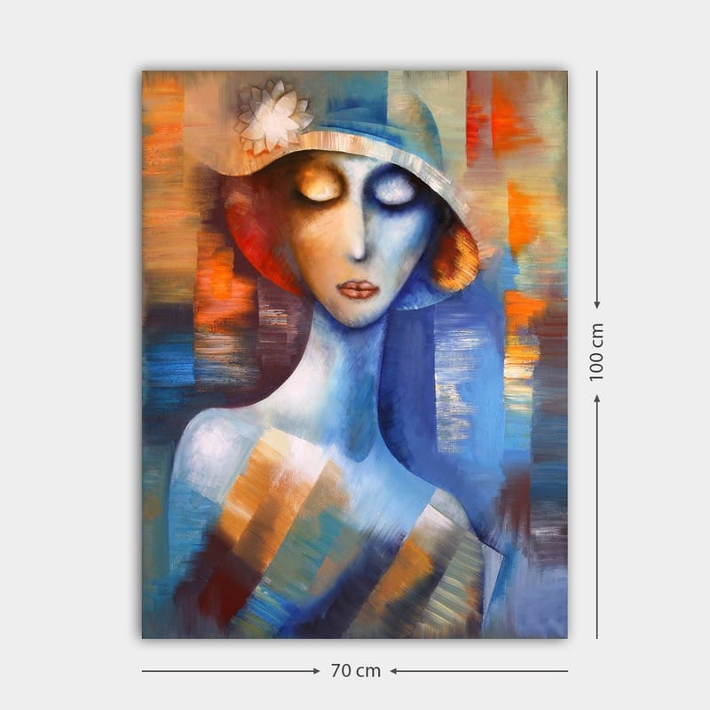 Lerretsbilde 70x100 cm - Stilisert kvinne med hatt som utstråler en drømmende og emosjonell atmosfære - Blå / Oransje / Hvit - Innredning - Bilder & kunst - Lerretsbilder