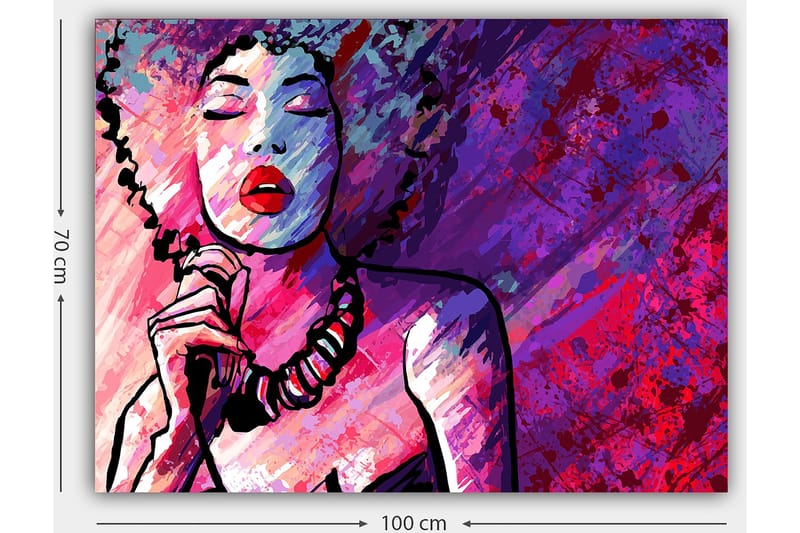Lerretsbilde 70x100 cm - Stilisert kvinne med krøllete hår som synger med lukkede øyne - Lilla / Rosa / Rød - Innredning - Bilder & kunst - Lerretsbilder