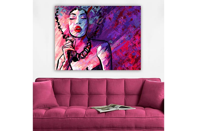 Lerretsbilde 70x100 cm - Stilisert kvinne med krøllete hår som synger med lukkede øyne - Lilla / Rosa / Rød - Innredning - Bilder & kunst - Lerretsbilder
