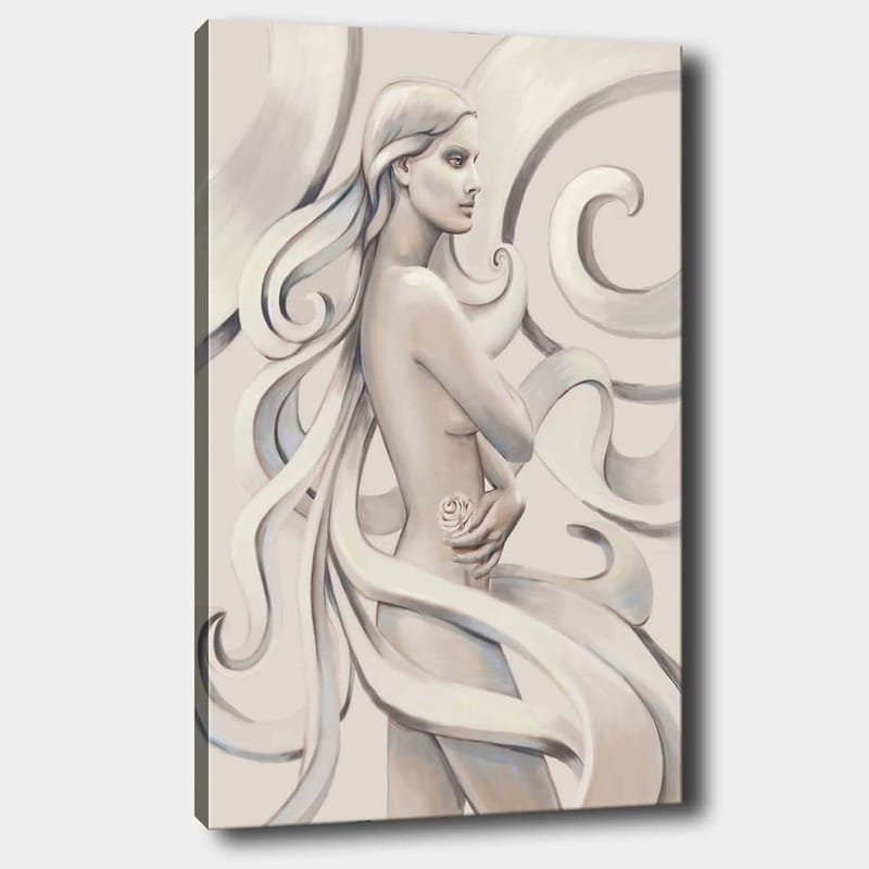Lerretsbilde 70x100 cm - Stilisert kvinne med langt hår som holder en rose, omgitt av feiende linjer - Hvit / Lys grå / Mørk grå - Innredning - Bilder & kunst - Lerretsbilder