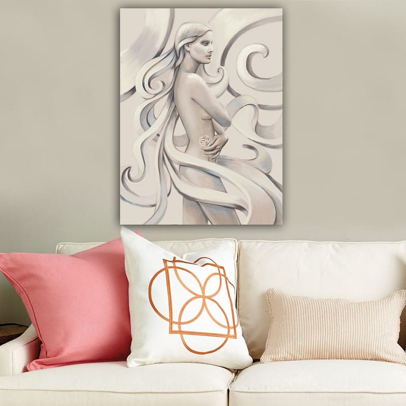 Lerretsbilde 70x100 cm - Stilisert kvinne med langt hår som holder en rose, omgitt av feiende linjer - Hvit / Lys grå / Mørk grå - Innredning - Bilder & kunst - Lerretsbilder