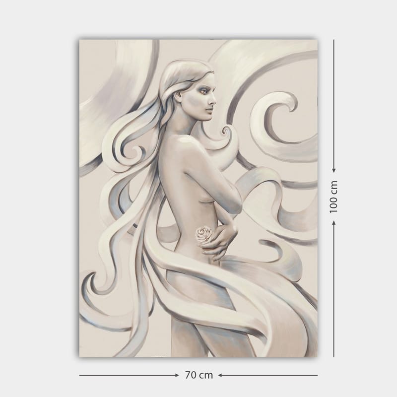 Lerretsbilde 70x100 cm - Stilisert kvinne med langt hår som holder en rose, omgitt av feiende linjer - Hvit / Lys grå / Mørk grå - Innredning - Bilder & kunst - Lerretsbilder