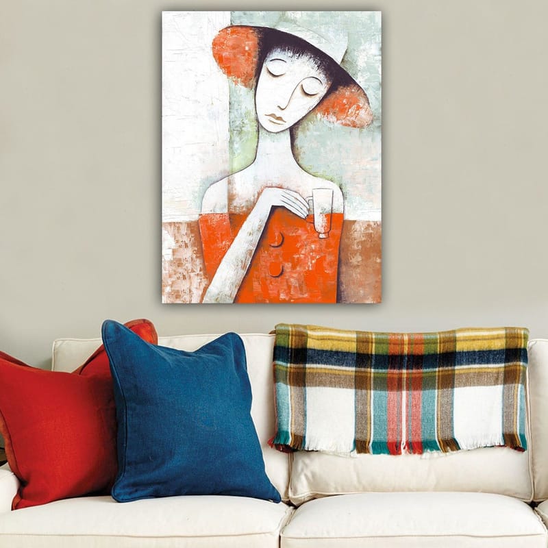 Lerretsbilde 70x100 cm - Stilisert kvinne med rød kjole og hatt, holder et glass - Rød / Hvit / Grønn - Innredning - Bilder & kunst - Lerretsbilder