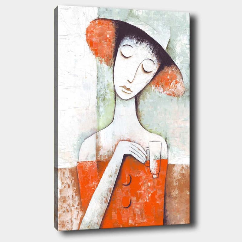 Lerretsbilde 70x100 cm - Stilisert kvinne med rød kjole og hatt, holder et glass - Rød / Hvit / Grønn - Innredning - Bilder & kunst - Lerretsbilder