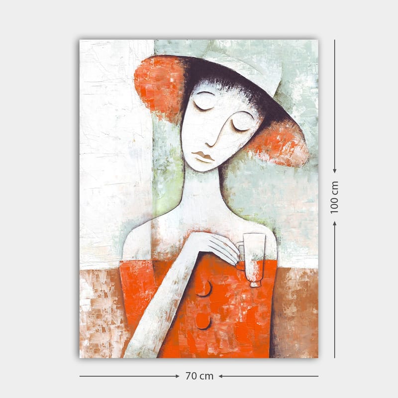 Lerretsbilde 70x100 cm - Stilisert kvinne med rød kjole og hatt, holder et glass - Rød / Hvit / Grønn - Innredning - Bilder & kunst - Lerretsbilder