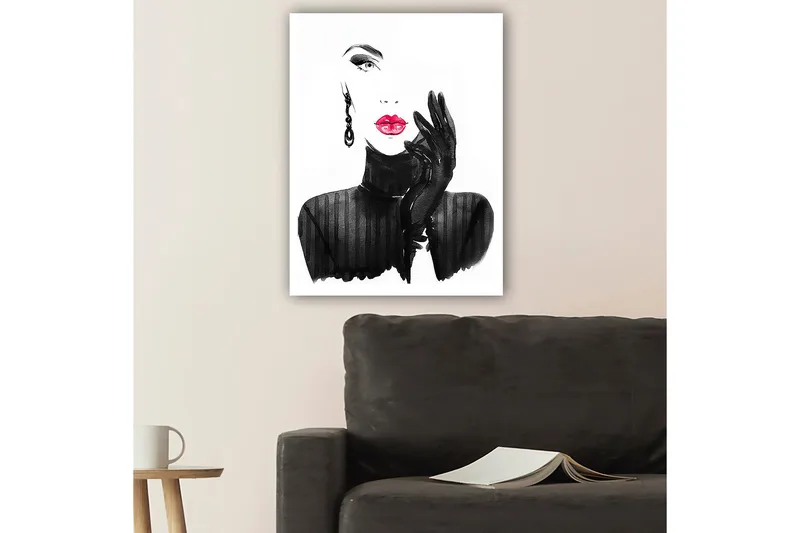 Lerretsbilde 70x100 cm - Stilisert kvinne med rød leppestift og svarte hansker - Svart / Rød - Innredning - Bilder & kunst - Lerretsbilder