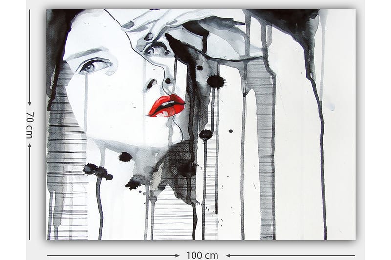 Lerretsbilde 70x100 cm - Stilisert kvinne med rød leppestift som fremhever ansiktet hennes i en dramatisk svart-hvitt-komposisjon - Rød / Svart / Hvit - Innredning - Bilder & kunst - Lerretsbilder