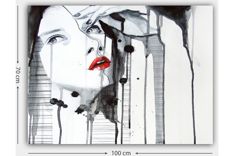 Lerretsbilde 70x100 cm - Stilisert kvinne med rød leppestift som fremhever ansiktet hennes i en dramatisk svart-hvitt-komposisjon - Rød / Svart / Hvit - Innredning - Bilder & kunst - Lerretsbilder