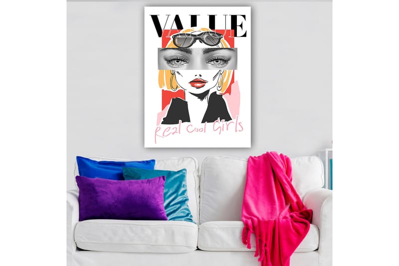 Lerretsbilde 70x100 cm - Stilisert kvinne med solbriller og en moderne, fargerik bakgrunn - Rosa / Svart / Gul - Innredning - Bilder & kunst - Lerretsbilder