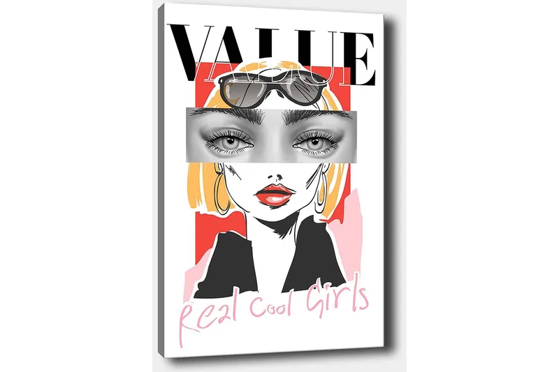 Lerretsbilde 70x100 cm - Stilisert kvinne med solbriller og en moderne, fargerik bakgrunn - Rosa / Svart / Gul - Innredning - Bilder & kunst - Lerretsbilder