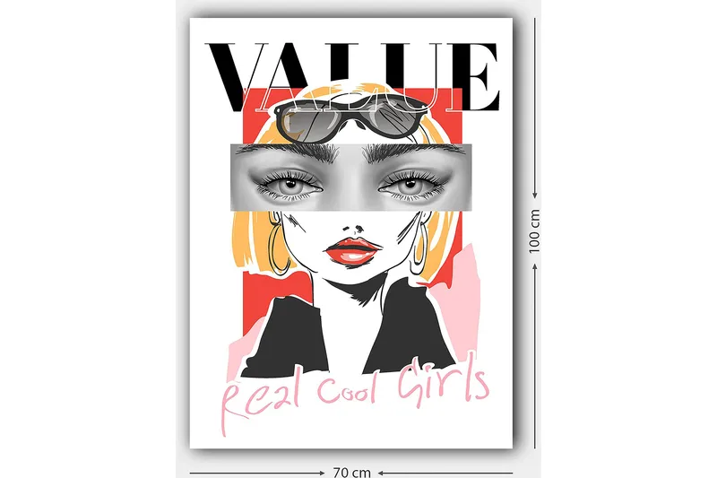 Lerretsbilde 70x100 cm - Stilisert kvinne med solbriller og en moderne, fargerik bakgrunn - Rosa / Svart / Gul - Innredning - Bilder & kunst - Lerretsbilder