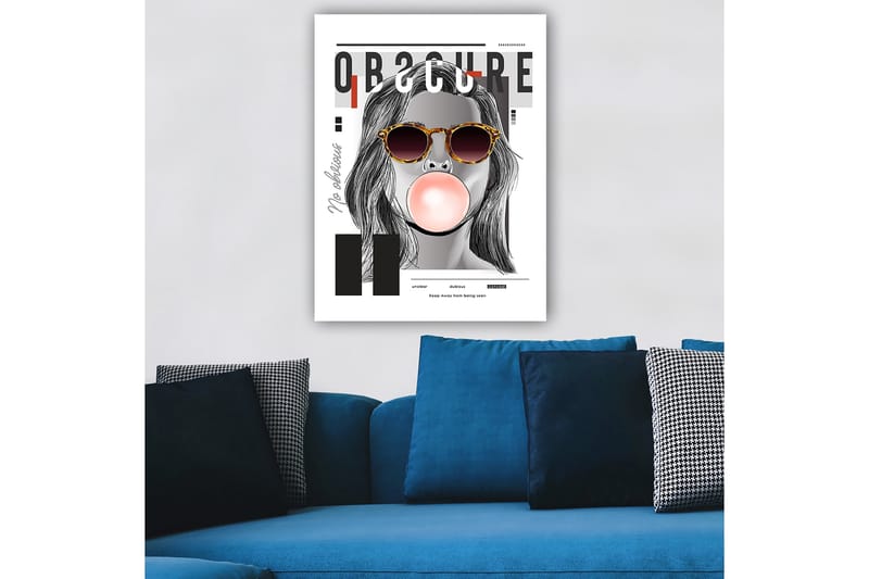 Lerretsbilde 70x100 cm - Stilisert kvinne med solbriller som blåser en tyggegummiball, Svart / Grå / Rød