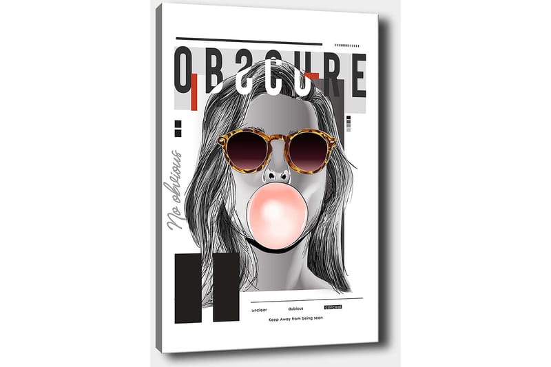 Lerretsbilde 70x100 cm - Stilisert kvinne med solbriller som blåser en tyggegummiball - Svart / Grå / Rød - Innredning - Bilder & kunst - Lerretsbilder