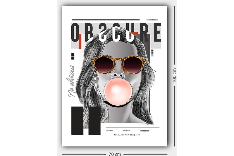 Lerretsbilde 70x100 cm - Stilisert kvinne med solbriller som blåser en tyggegummiball - Svart / Grå / Rød - Innredning - Bilder & kunst - Lerretsbilder