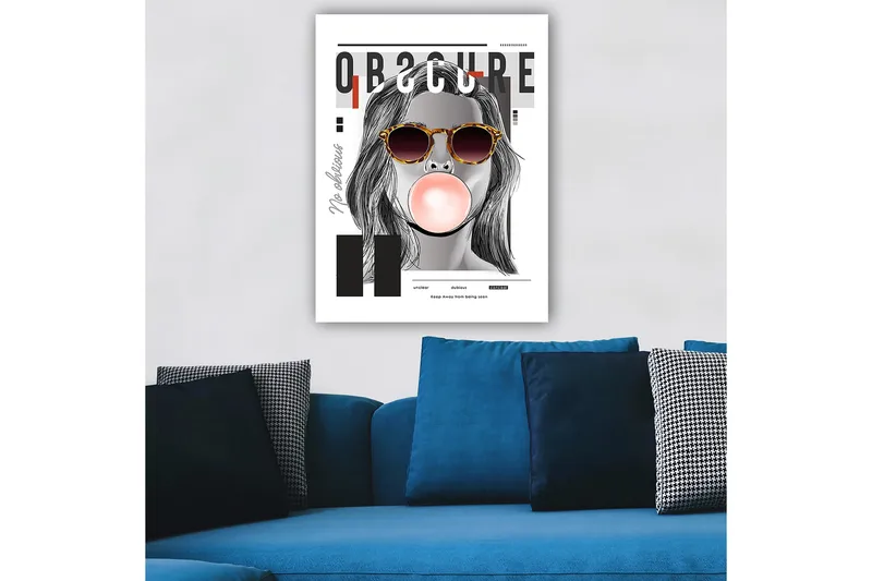 Lerretsbilde 70x100 cm - Stilisert kvinne med solbriller som blåser en tyggegummiball, Svart / Grå / Rød