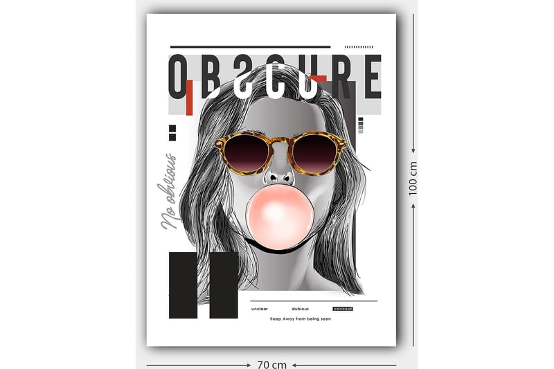 Lerretsbilde 70x100 cm - Stilisert kvinne med solbriller som blåser en tyggegummiball - Svart / Grå / Rød - Innredning - Bilder & kunst - Lerretsbilder