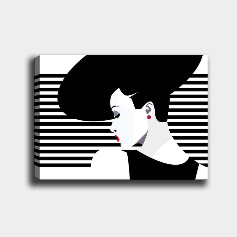 Lerretsbilde 70x100 cm - Stilisert kvinne med stor frisyre i profil, omgitt av svarte og hvite striper, Svart / Hvit / Rød