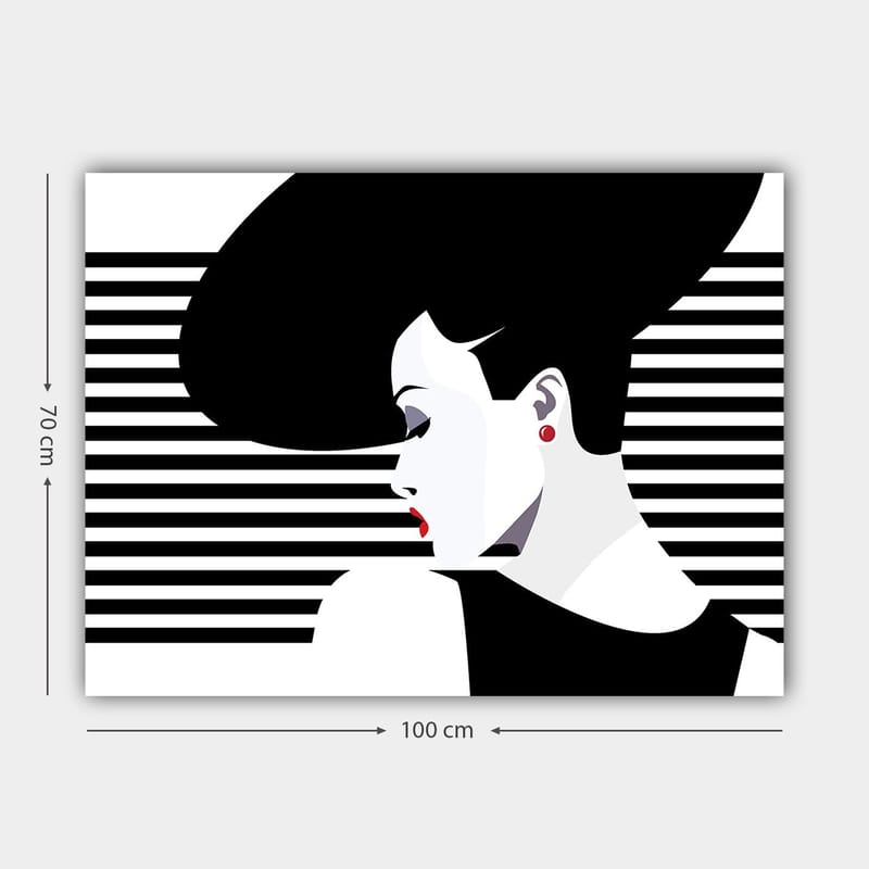 Lerretsbilde 70x100 cm - Stilisert kvinne med stor frisyre i profil, omgitt av svarte og hvite striper - Svart / Hvit / Rød - Innredning - Bilder & kunst - Lerretsbilder