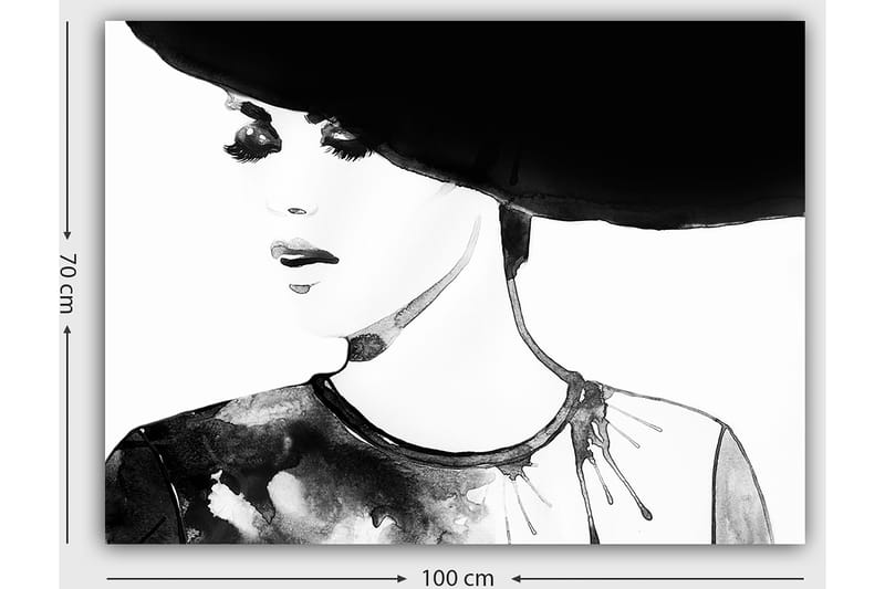 Lerretsbilde 70x100 cm - Stilisert kvinne med stor hatt og et uttrykksfullt ansikt - Svart / Hvit / Grå - Innredning - Bilder & kunst - Lerretsbilder