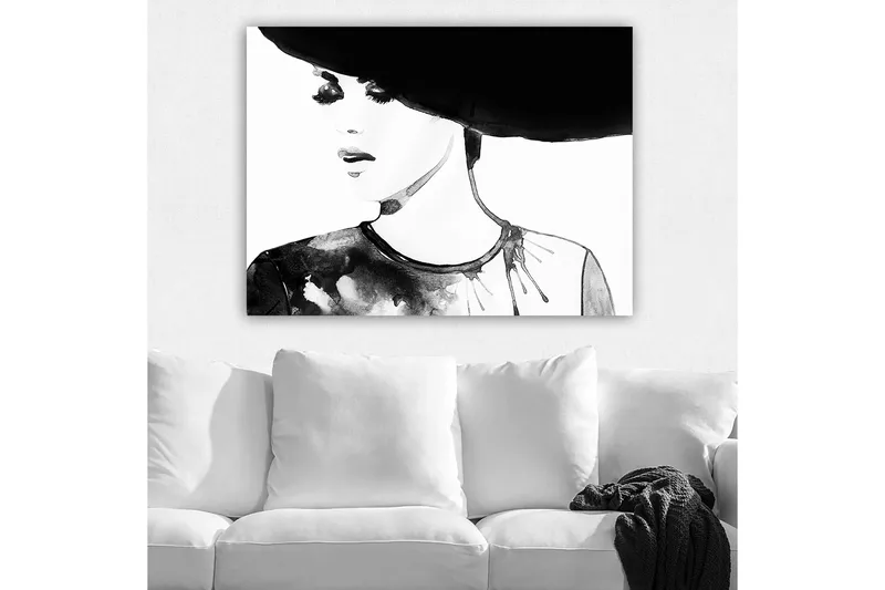 Lerretsbilde 70x100 cm - Stilisert kvinne med stor hatt og et uttrykksfullt ansikt - Svart / Hvit / Grå - Innredning - Bilder & kunst - Lerretsbilder