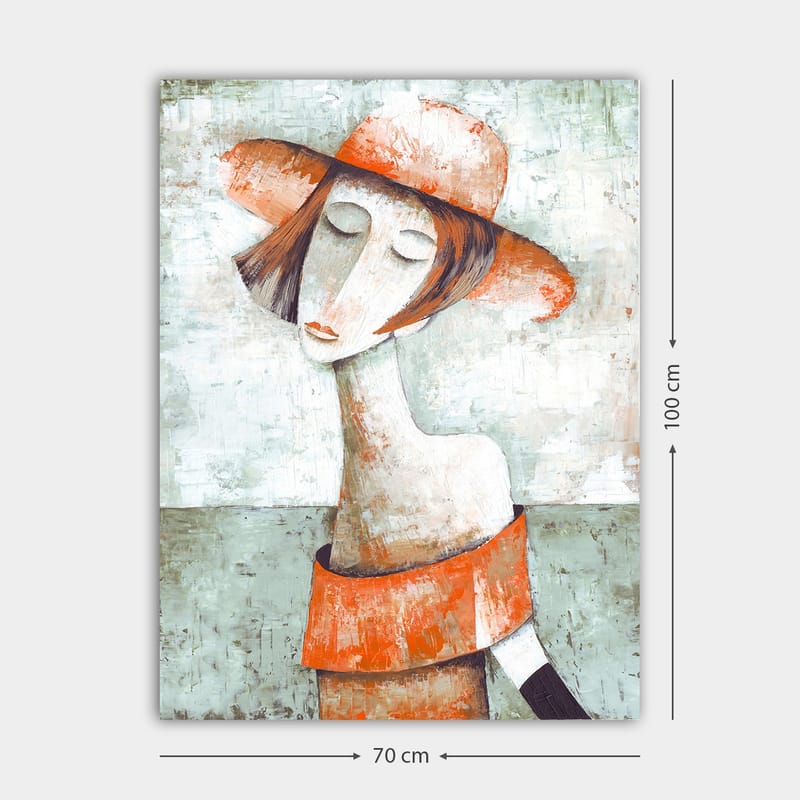 Lerretsbilde 70x100 cm - Stilisert kvinne med stor hatt og oransje genser som gir en følelse av ro og omtanke - Oransje / Grå / Hvit - Innredning - Bilder & kunst - Lerretsbilder