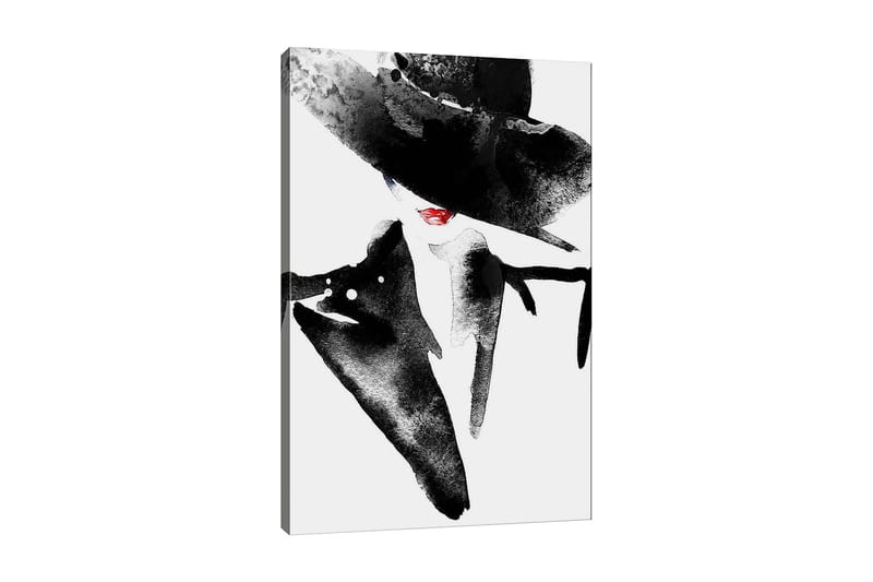 Lerretsbilde 70x100 cm - Stilisert kvinne med stor hatt og rød leppestift som utstråler eleganse og mystikk - Svart / Rød - Innredning - Bilder & kunst - Lerretsbilder