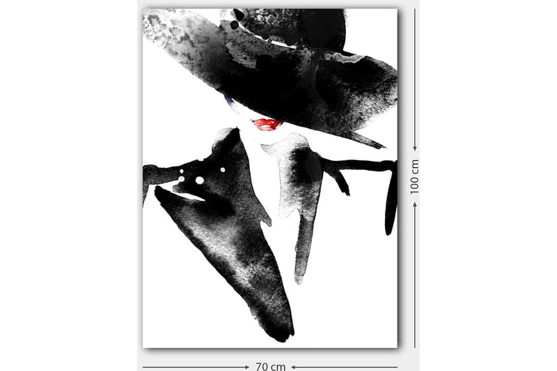 Lerretsbilde 70x100 cm - Stilisert kvinne med stor hatt og rød leppestift som utstråler eleganse og mystikk - Svart / Rød - Innredning - Bilder & kunst - Lerretsbilder