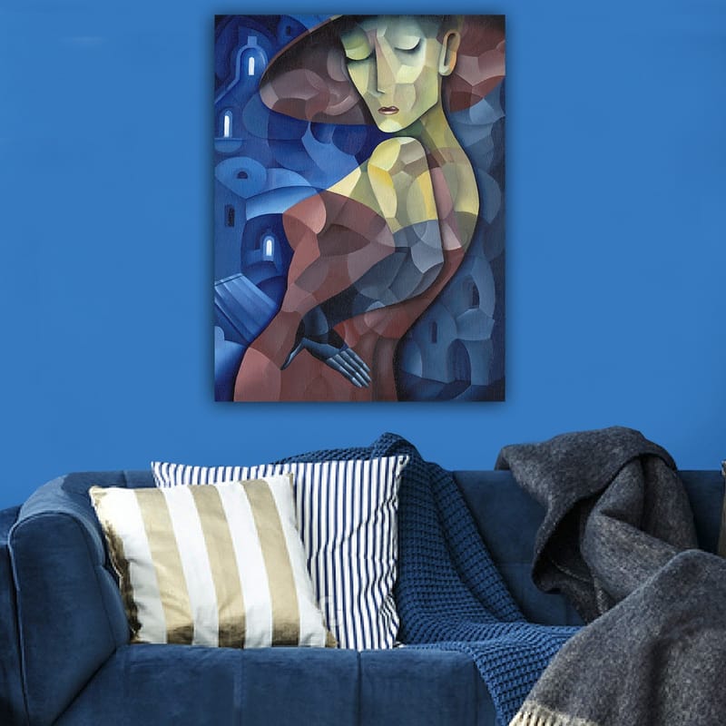 Lerretsbilde 70x100 cm - Stilisert kvinne med stor hatt som fremhever hennes elegante silhuett - Mørk blå / Rød / Grønn - Innredning - Bilder & kunst - Lerretsbilder