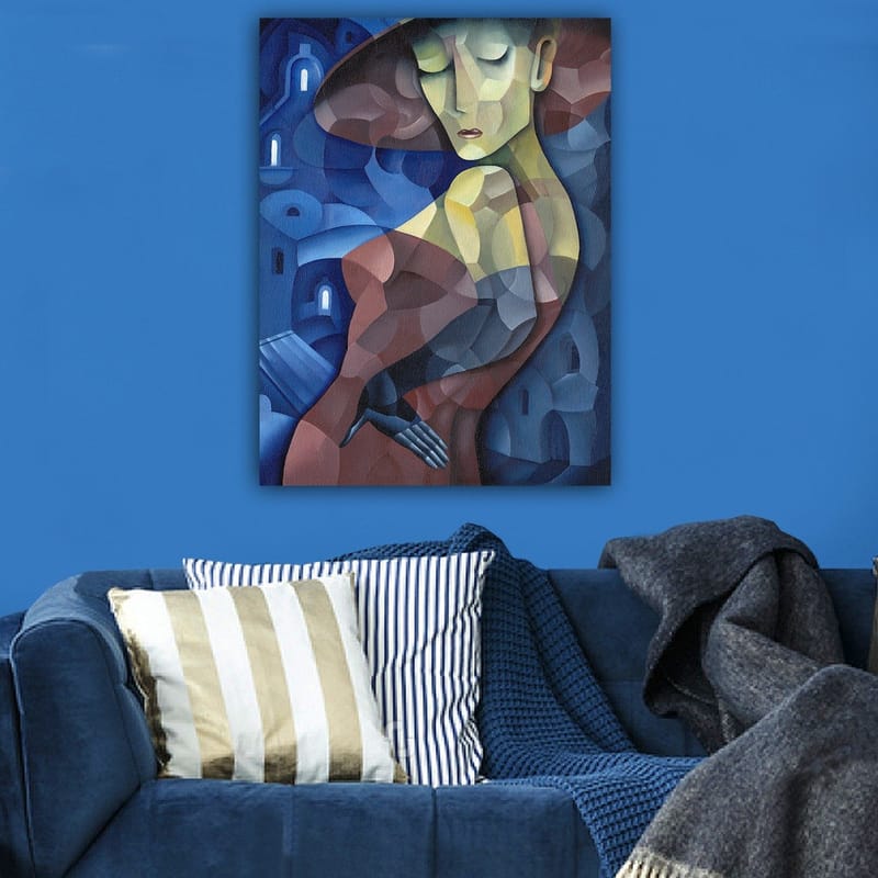 Lerretsbilde 70x100 cm - Stilisert kvinne med stor hatt som fremhever hennes elegante silhuett - Mørk blå / Rød / Grønn - Innredning - Bilder & kunst - Lerretsbilder