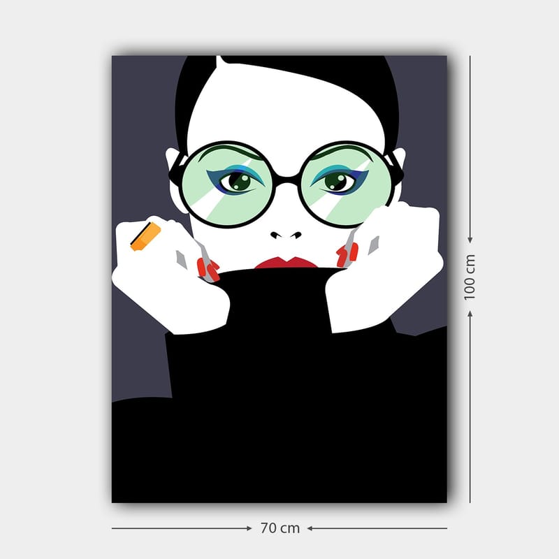 Lerretsbilde 70x100 cm - Stilisert kvinne med store briller som holder ansiktet hennes - Grønn / Svart / Rød - Innredning - Bilder & kunst - Lerretsbilder