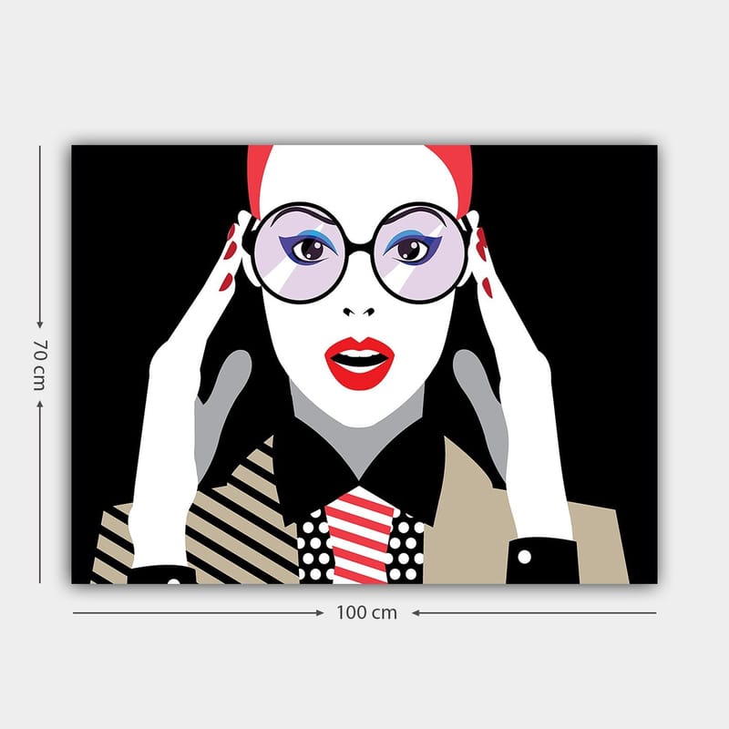 Lerretsbilde 70x100 cm - Stilisert kvinne med store briller som uttrykker overraskelse eller sjokk - Rød / Svart / Hvit - Innredning - Bilder & kunst - Lerretsbilder