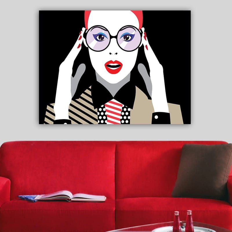Lerretsbilde 70x100 cm - Stilisert kvinne med store briller som uttrykker overraskelse eller sjokk - Rød / Svart / Hvit - Innredning - Bilder & kunst - Lerretsbilder