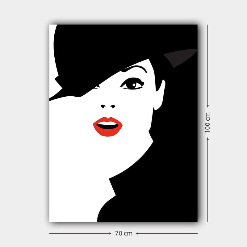 Lerretsbilde 70x100 cm - Stilisert kvinne med svart hatt og røde lepper - Svart / Hvit / Rød - Innredning - Bilder & kunst - Lerretsbilder