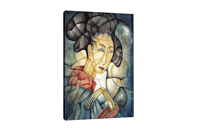 Lerretsbilde 70x100 cm - Stilisert kvinne med tradisjonelle klær og en tankefull positur, Mørk blå / Beige / Rød