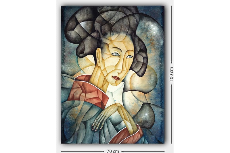 Lerretsbilde 70x100 cm - Stilisert kvinne med tradisjonelle klær og en tankefull positur - Mørk blå / Beige / Rød - Innredning - Bilder & kunst - Lerretsbilder