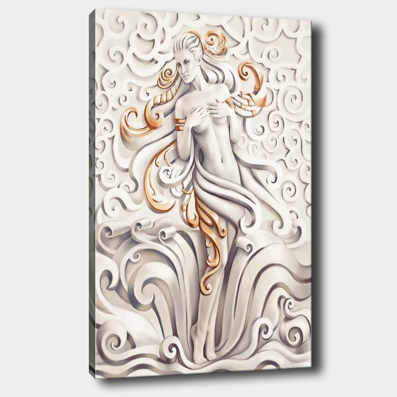 Lerretsbilde 70x100 cm - Stilisert kvinne omgitt av svingende mønstre og ornamentikk, Hvit / Beige / Gull