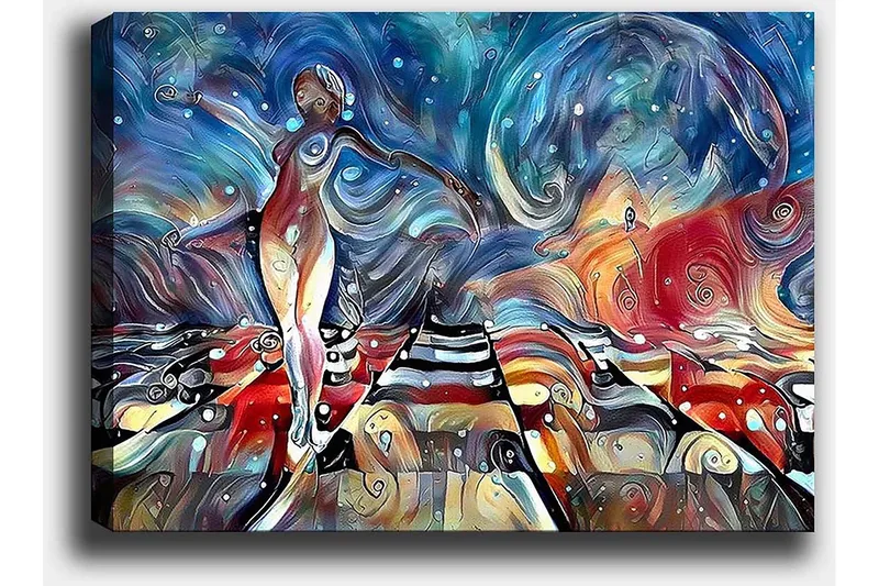 Lerretsbilde 70x100 cm - Stilisert kvinne som danser på en fargerik vei med svaiende former og mønstre - Blå / Rød / Hvit - Innredning - Bilder & kunst - Lerretsbilder