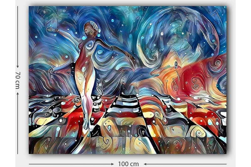 Lerretsbilde 70x100 cm - Stilisert kvinne som danser på en fargerik vei med svaiende former og mønstre - Blå / Rød / Hvit - Innredning - Bilder & kunst - Lerretsbilder